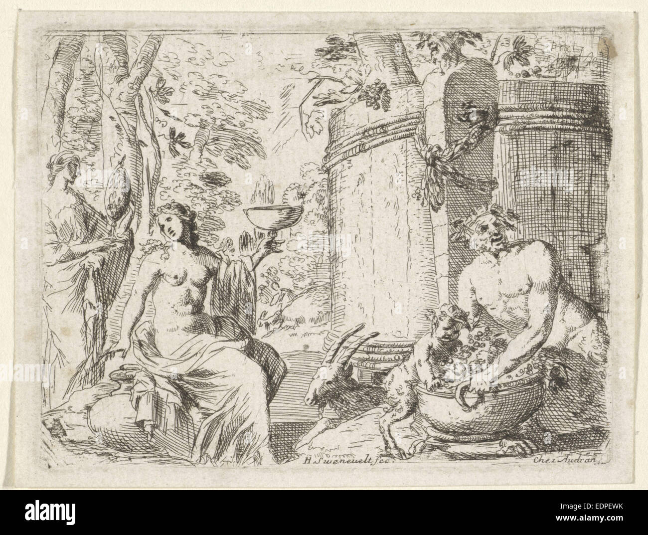 Zwei Nymphen und zwei Satyrn in einer hölzernen Wanne, Herman van Swanevelt, Charles Audran, 1629 – 1655 Stockfoto