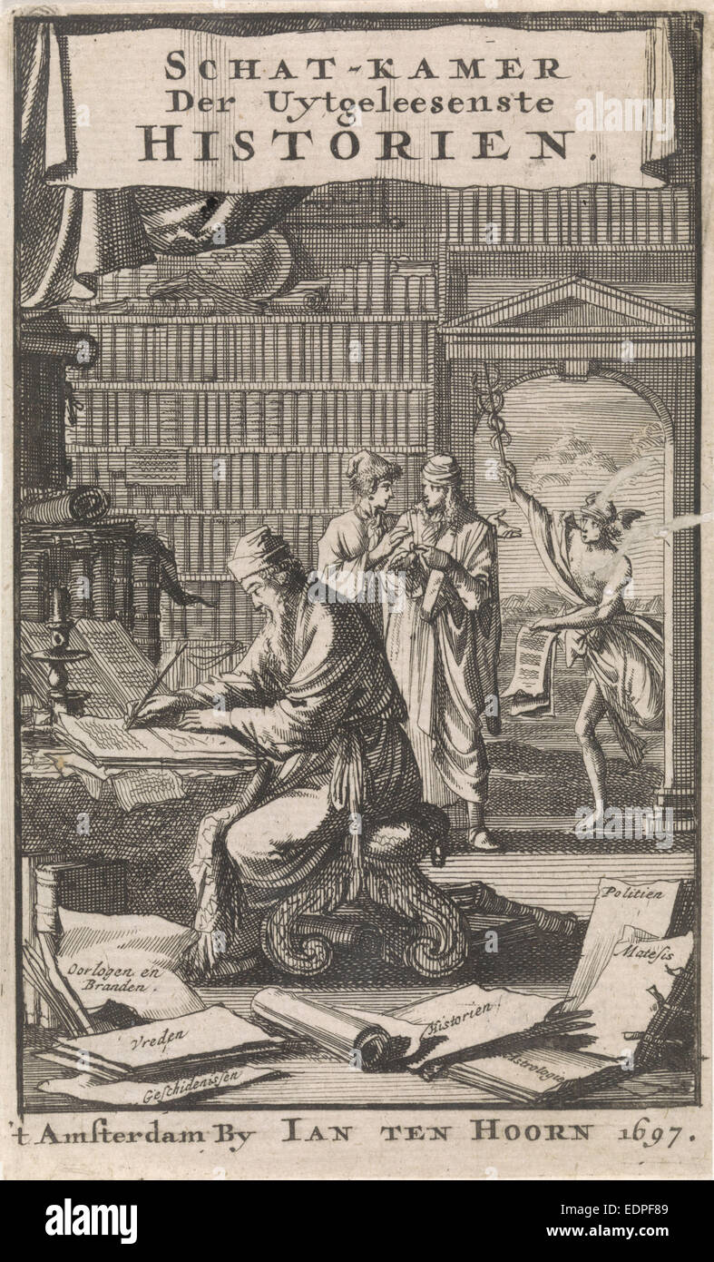 Gelehrte schreiben in seinem Arbeitszimmer, Jan Luyken, Jan Claesz Ten Hoorn, 1697 Stockfoto