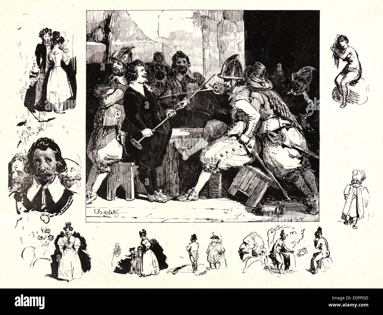 Nicolas-Toussaint Charlet (Französisch, 1792-1845). Kämpfen aus dem 17. Jahrhundert-Soldaten in einer Taverne, 19. Jahrhundert. Stift-Lithographie Stockfoto