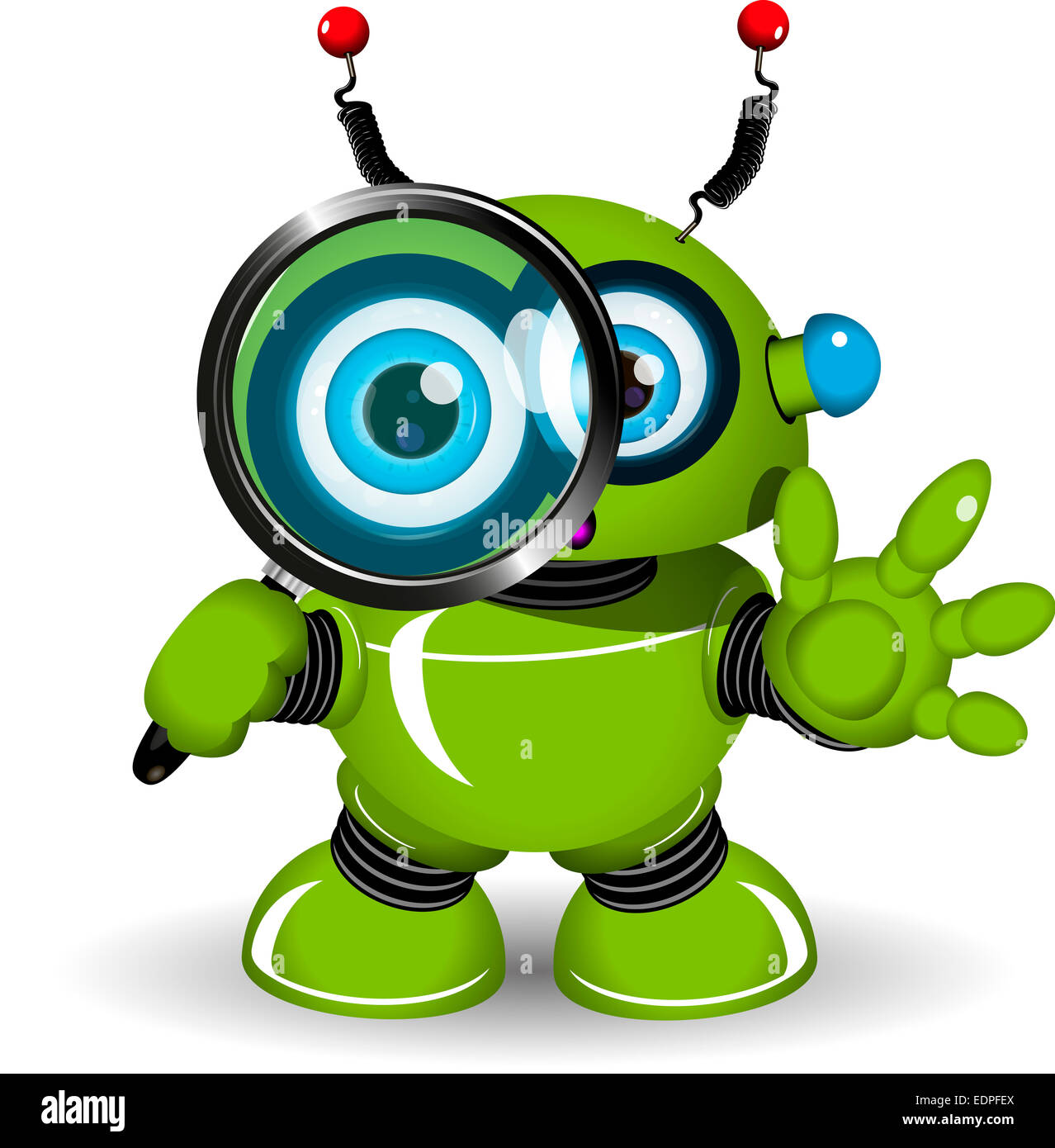 Abbildung eines grünen Roboters mit einer Lupe Stockfoto