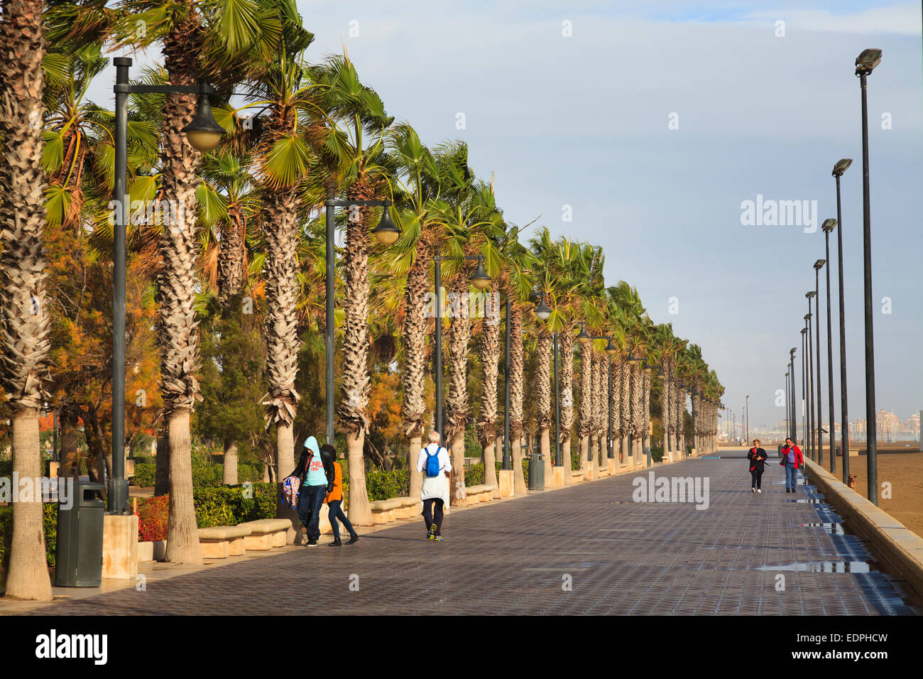 Menschen, die Wintersonne auf der Promenade von Valencia Strand mit windigen Palmen genießen Stockfoto