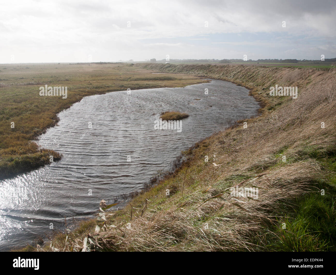 Marschland hinter bewachsenen Kies mit Wasser der Lagune begrenzt durch die Küste Meer Wehrmauer, Alderton, Suffolk, England, UK Stockfoto