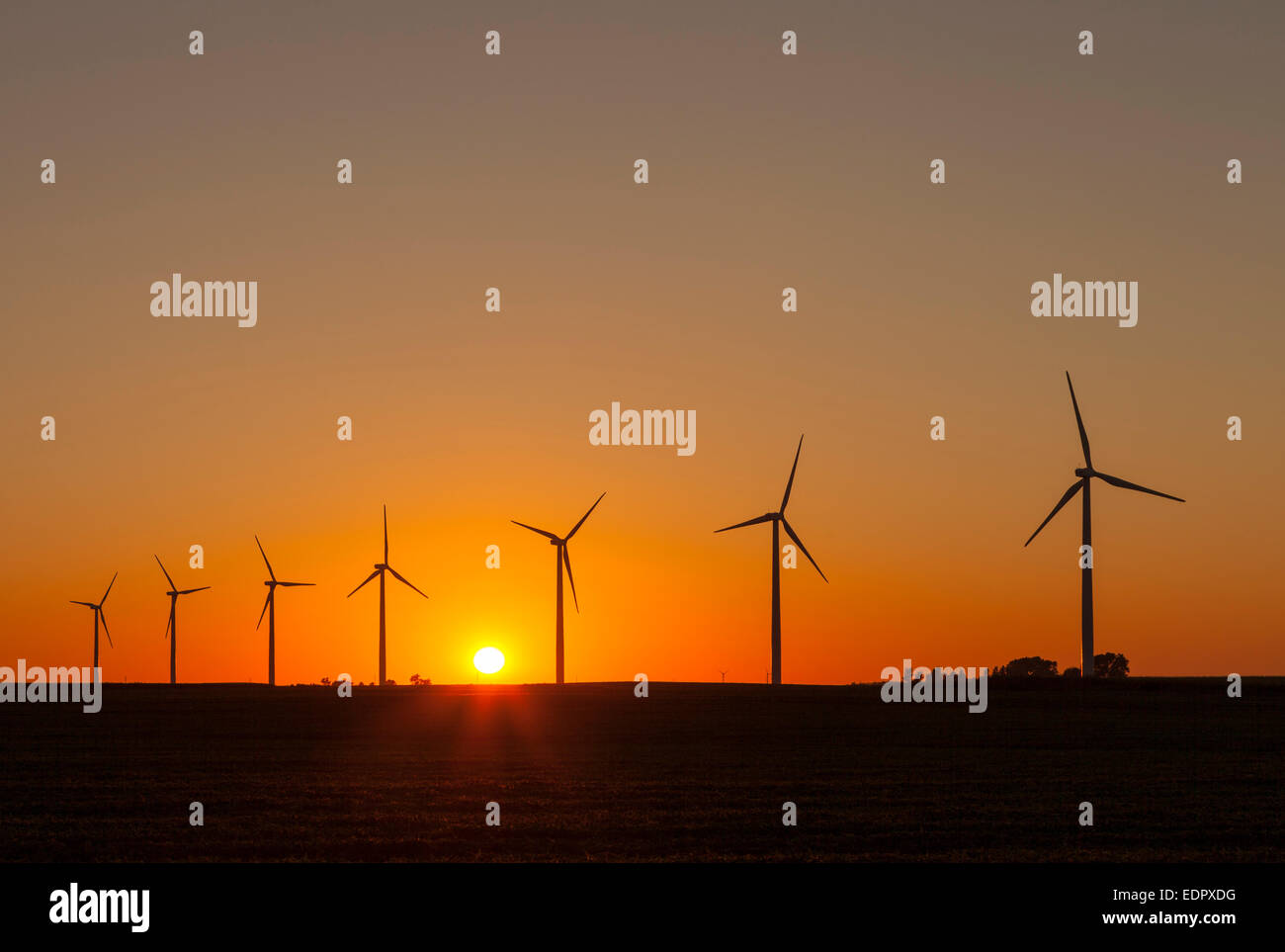 Sonnenuntergang auf einen Windpark. Geschichte-Grafschaft, Iowa. Stockfoto