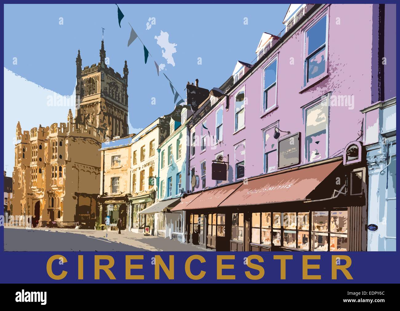 Ein Plakat Stil Darstellung von Cirencester und die Kirche St. Johannes der Täufer in Dyer Street, Gloucestershire, England, UK Stockfoto