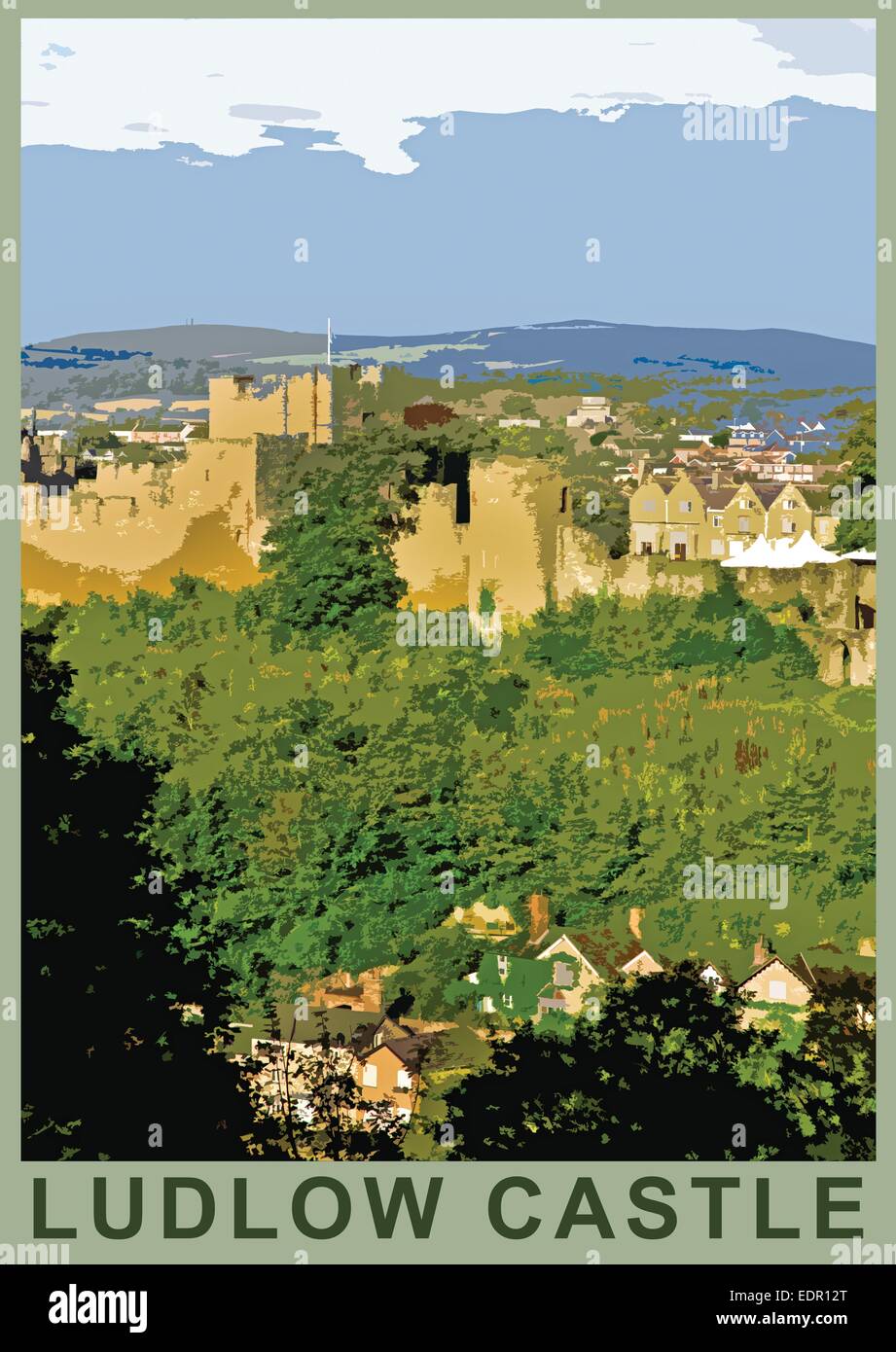 Ein Plakat Stil Abbildung von Ludlow Castle, Ludlow, Shropshire, England, UK Stockfoto