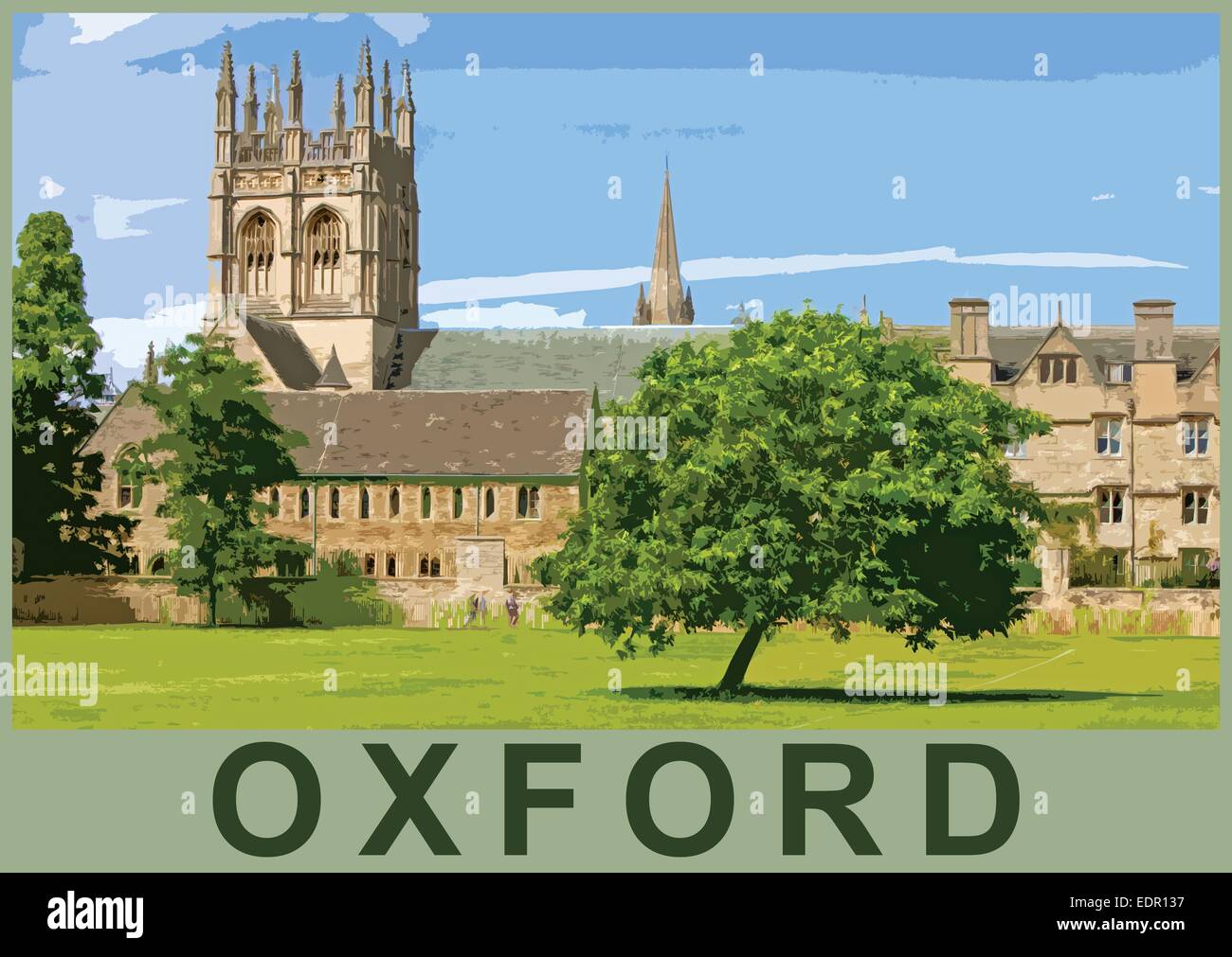 Ein Plakat Stil Abbildung Blick über Merton Platz zu Merton College in Oxford, Oxford, Oxfordshire, England, UK Stockfoto