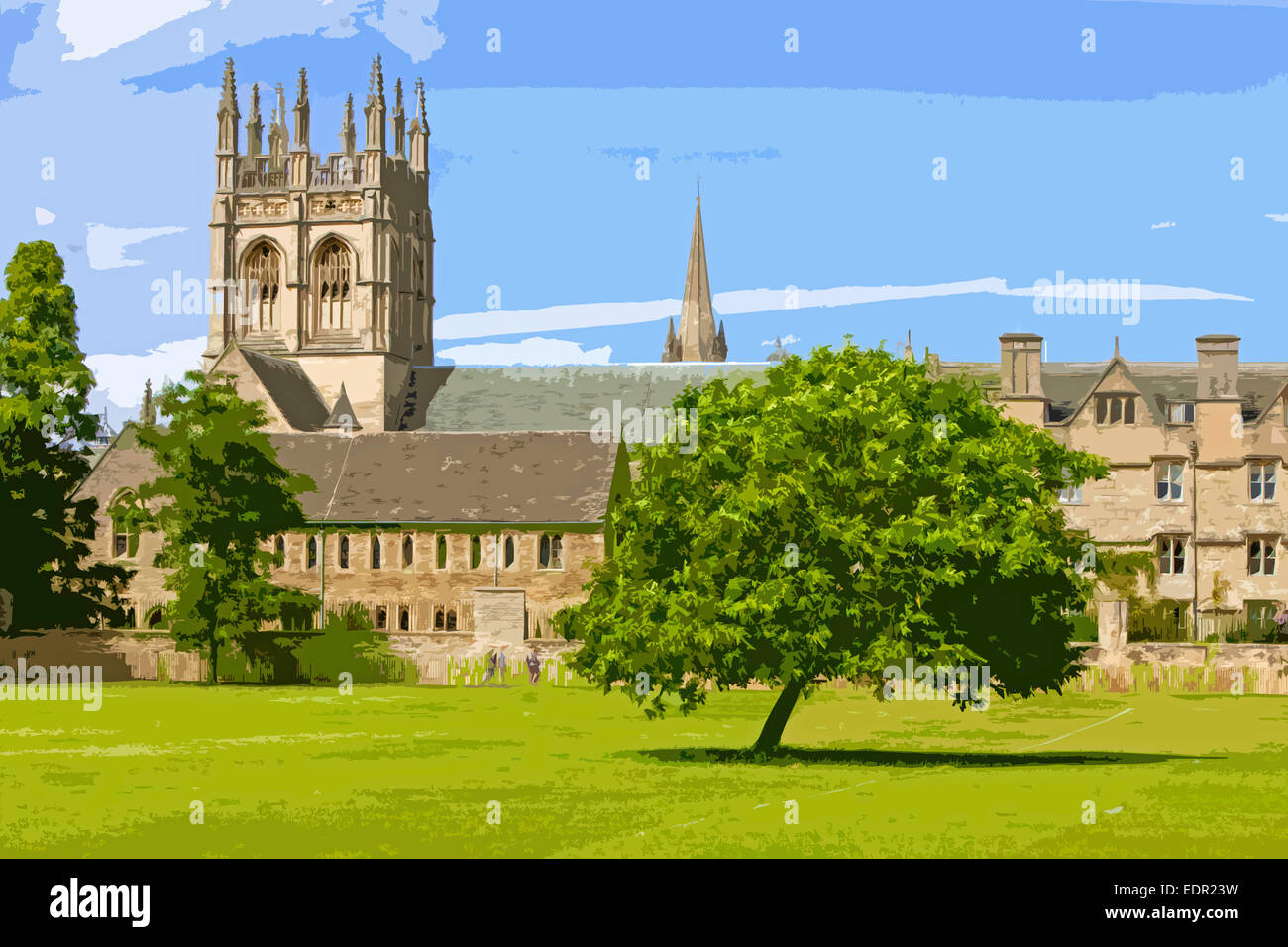 Ein Plakat Stil Abbildung Blick über Merton Platz zu Merton College in Oxford, Oxford, Oxfordshire, England, UK Stockfoto