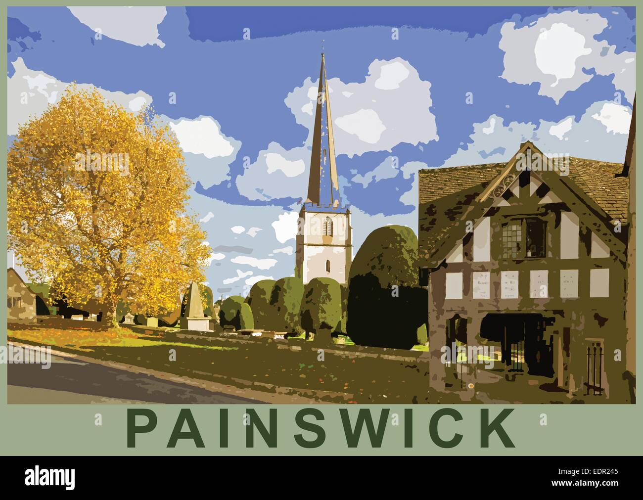 Ein Plakat Stil Darstellung der St. Mary Parish Kirche Painswick, Gloucestershire, England, UK Stockfoto