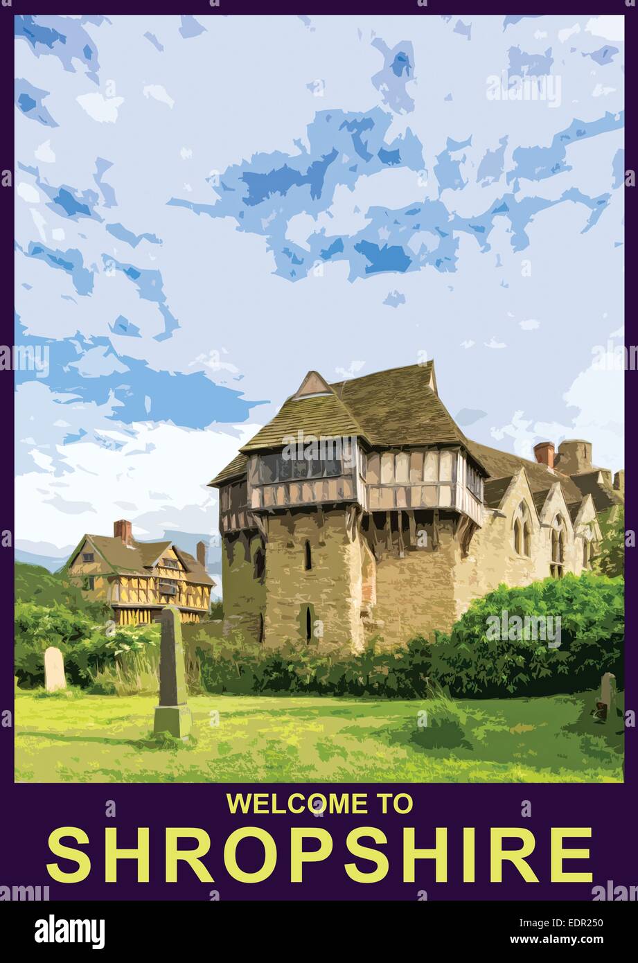 Ein Plakat Stil Außenillustration Stokesay Castle in der Nähe von Craven Arms, Shropshire, England, UK Stockfoto