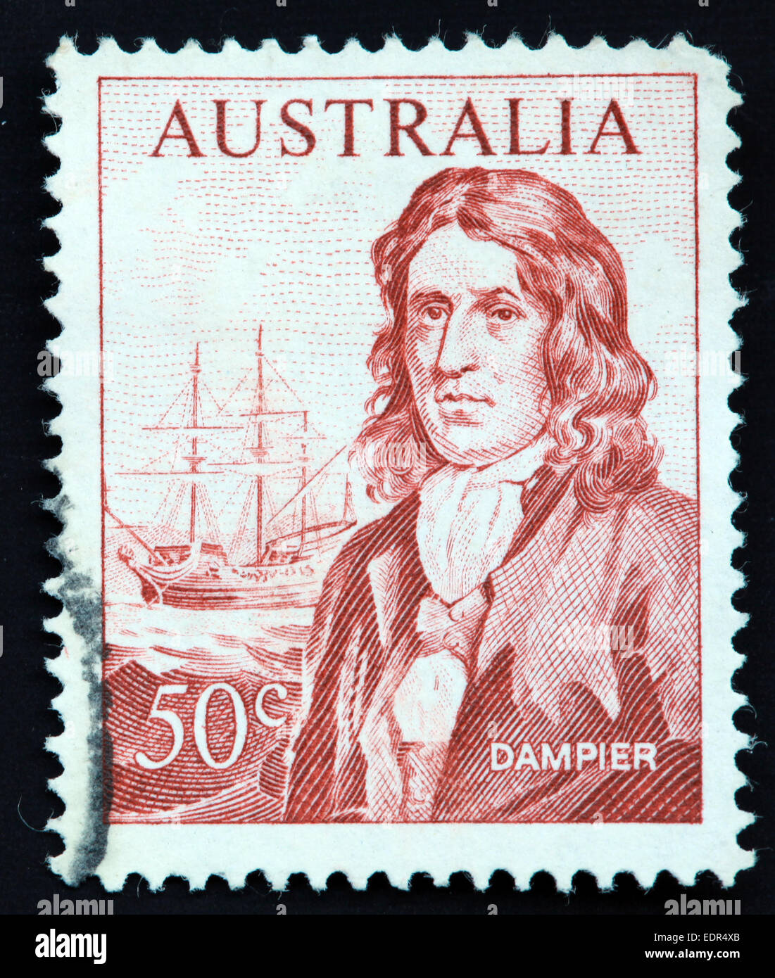 Verwendet und Poststempel Australien / australische Briefmarke 50c Dampier mit der "Rehbock" Segelschiff Stockfoto