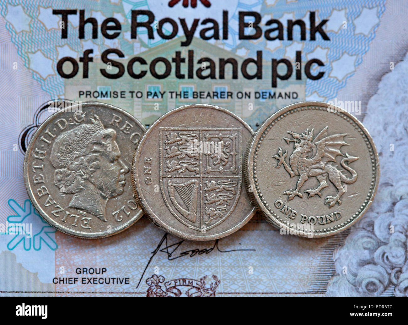 Schottland-Sterling Notizen schottische Münze Münzen Geld Währung Finanzen Stockfoto