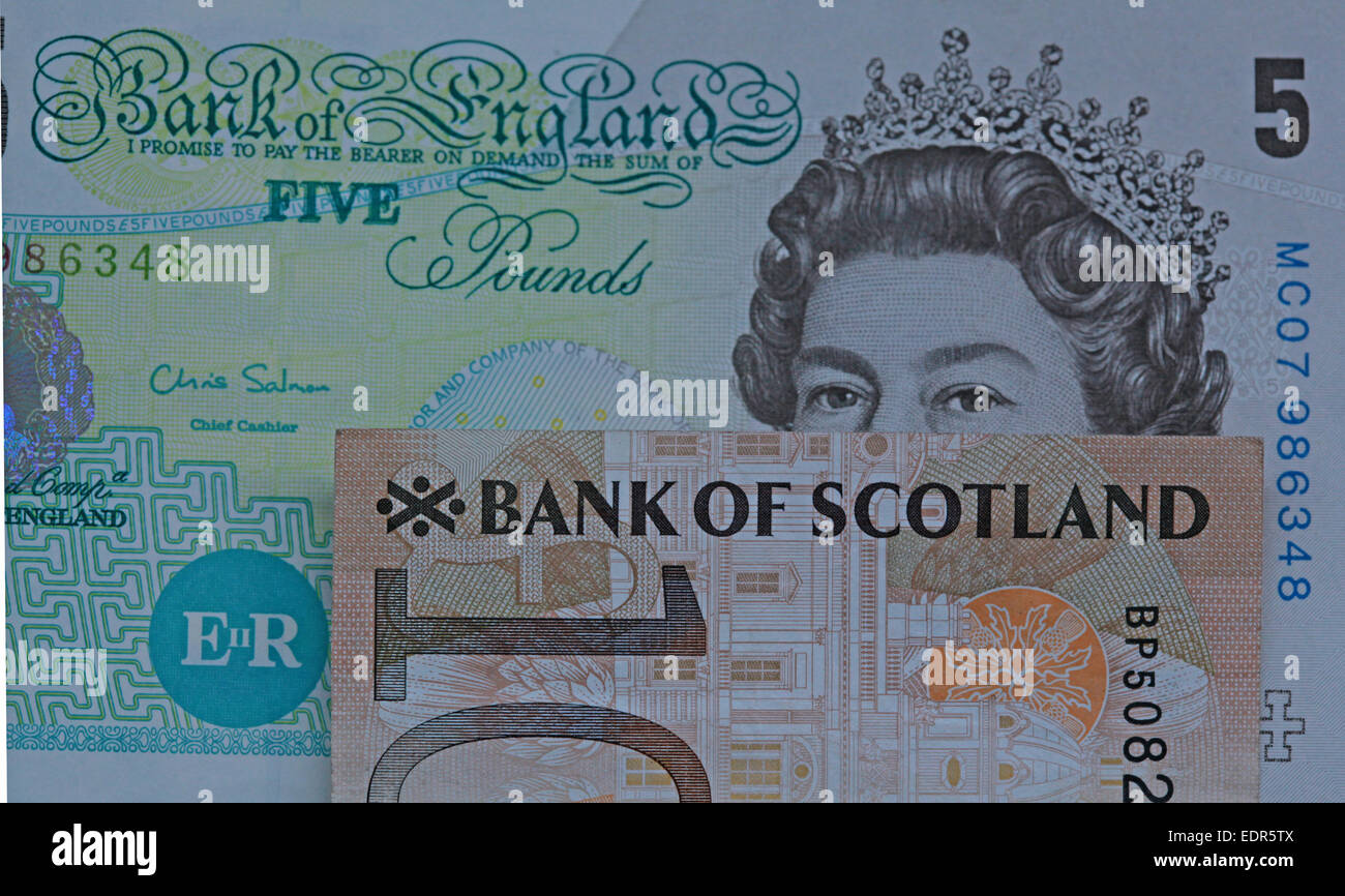 Schottland-Sterling Notizen schottische Münze Münzen Geld Währung Finanzen Stockfoto