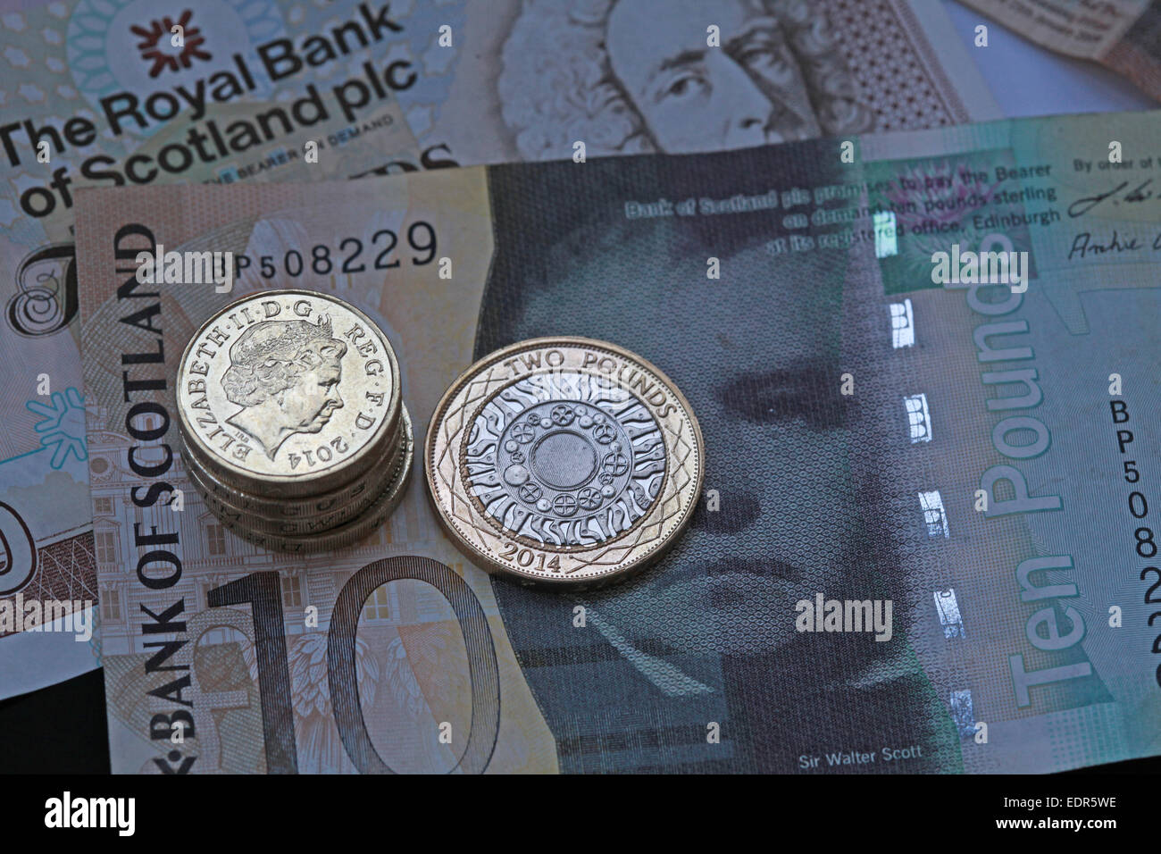 Schottland-Sterling Notizen schottische Münze Münzen Geld Währung Finanzen Stockfoto