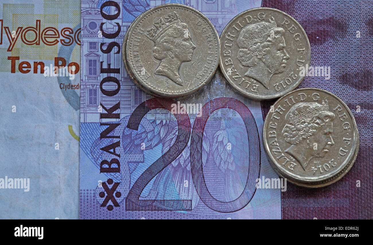 Schottland-Sterling Notizen schottische Münze Münzen Geld Währung Finanzen Stockfoto