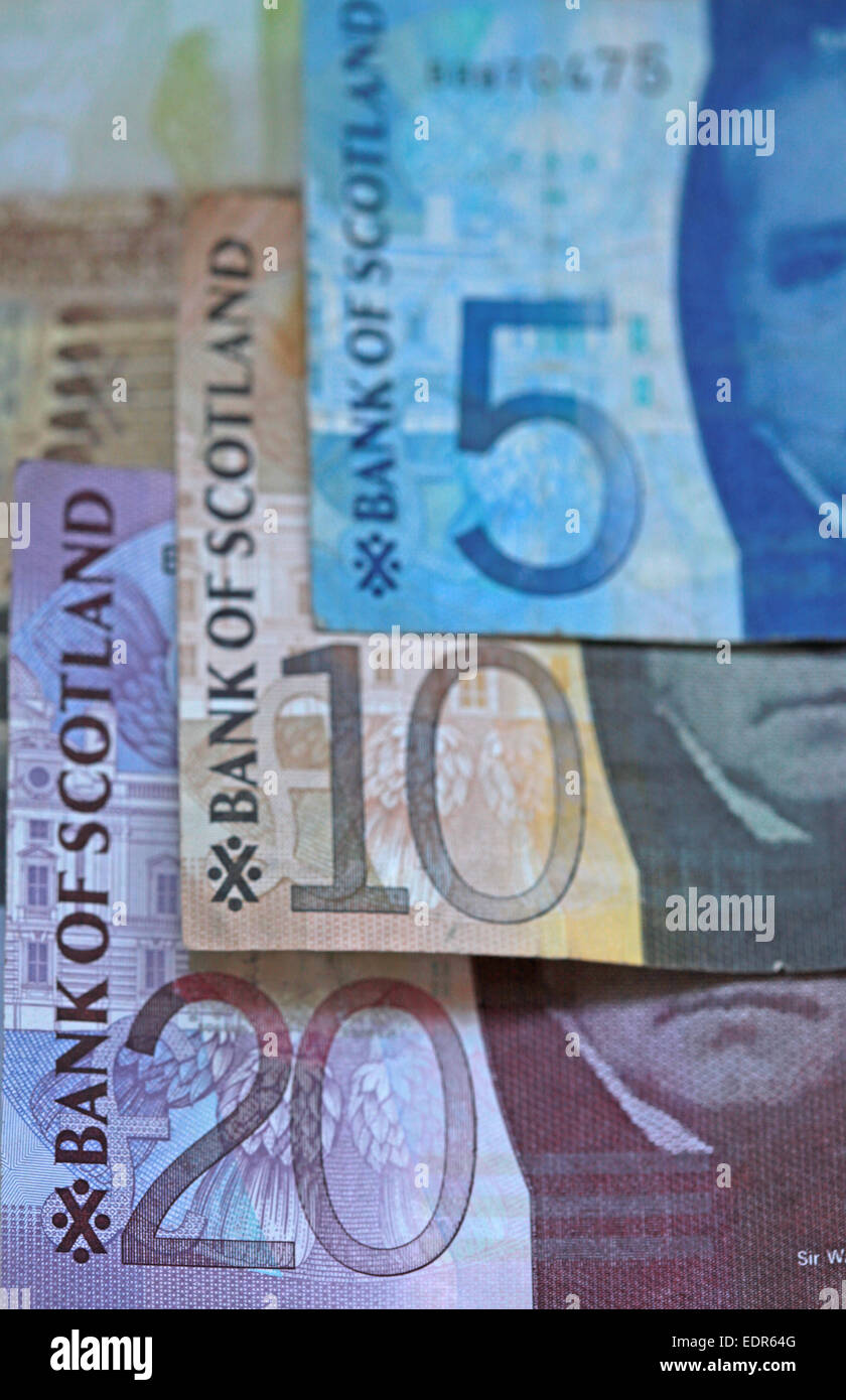 Schottland-Sterling Notizen schottische Münze Münzen Geld Währung Finanzen Stockfoto