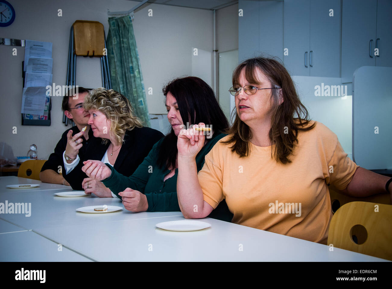 Verbrauchertests an ein Consumer-Produkt Prüflabor in UK zu lesen.  Fokusgruppen Probe Essen, Körperpflege-Produkte etc. Stockfoto