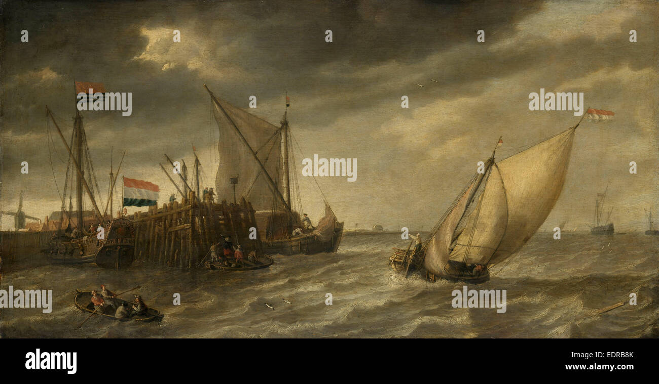 Schiffe in der Nähe von einem Pier, Bonaventura Peeters (I), 1635-1652 Stockfoto