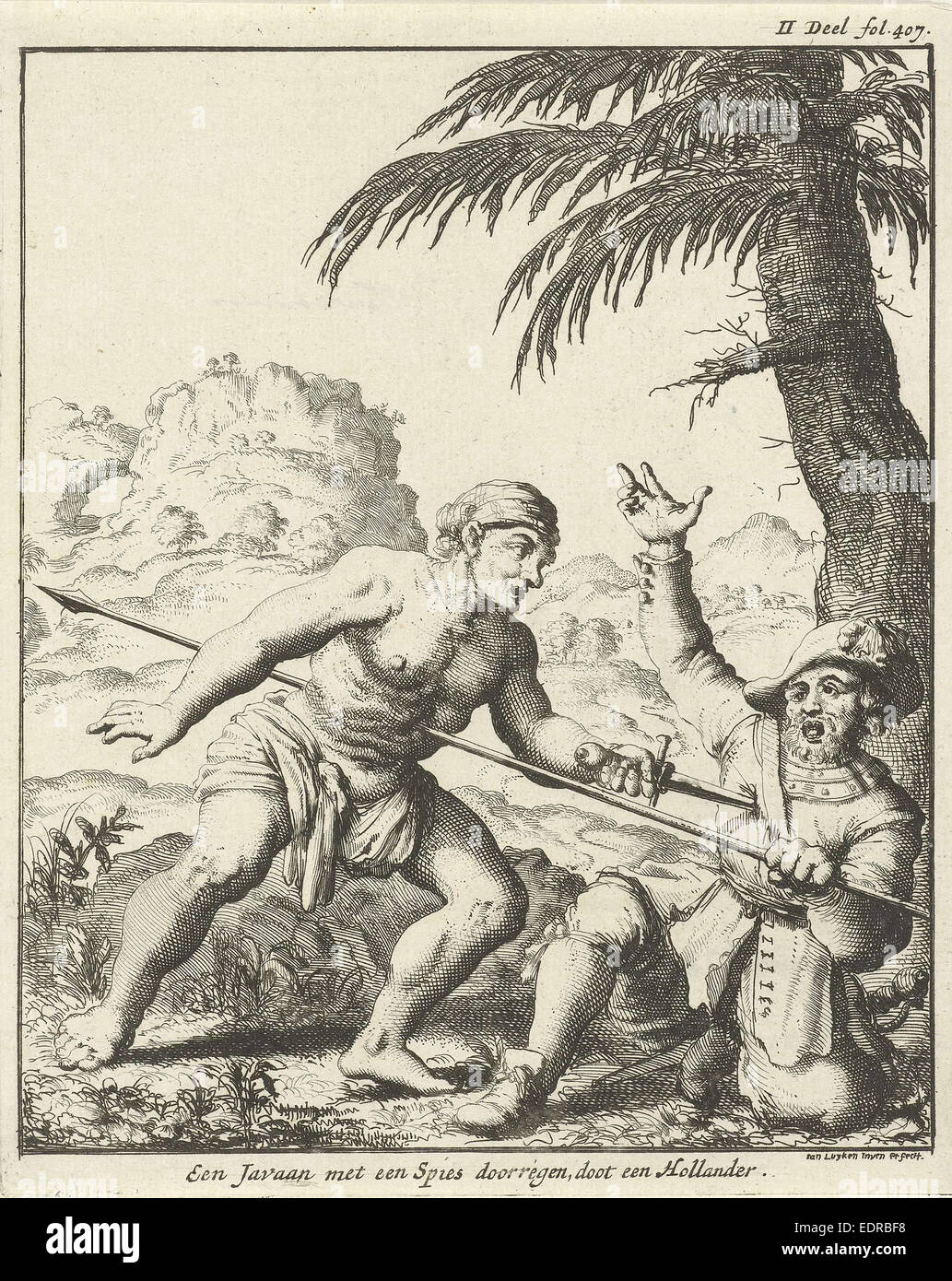 Javanese und Niederländisch Mann stechenden einander mit einem Speer und einen Dolch unten, Jan Luyken, 1682 Stockfoto