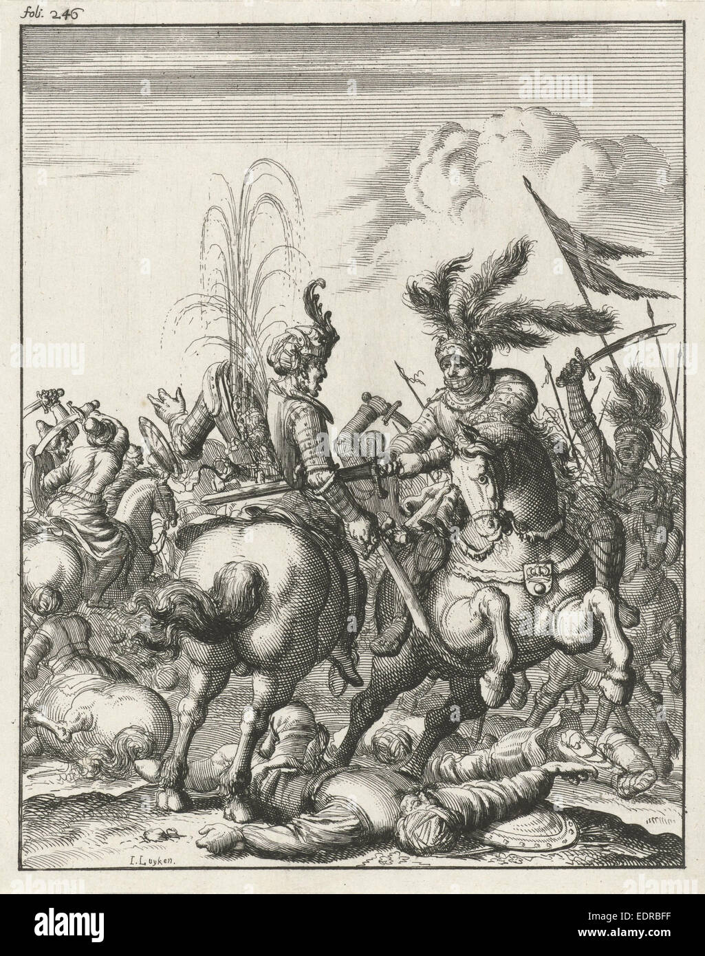 Kaiser Conrad III spaltet in einem Kavallerie Skirmish ein Sarazene, Jan Luyken, Timotheus zehn Hoorn, 1683 Stockfoto