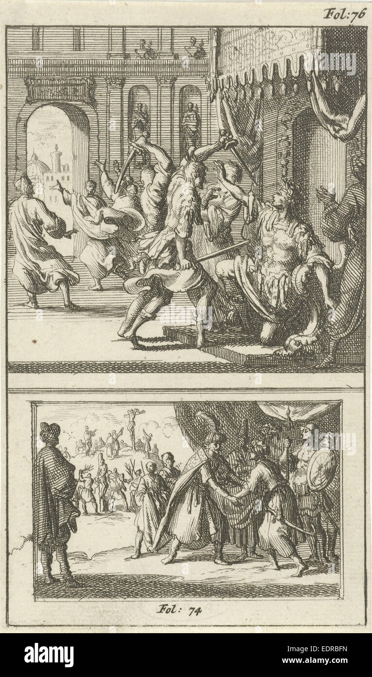 Julius Caesar ermordet. Polykrates freundlich empfangen von Orates, Jan Luyken, Johannes Boekholt, 1687 Stockfoto