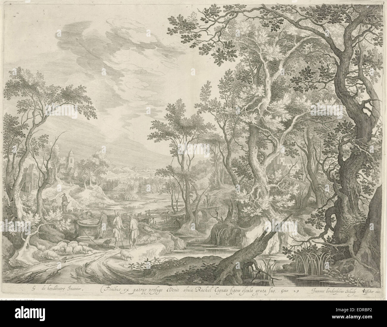 Jacob und die Männer von Haran am Brunnen, Jan van Londerseel, Claes Jansz. Visscher (II), 1601-1652 Stockfoto