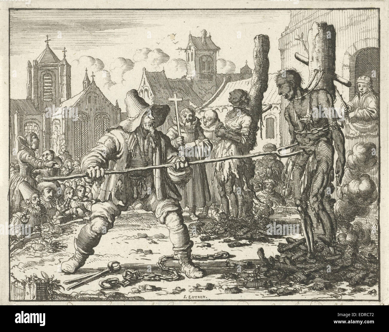 Verbrannte Leichen von David und Levina in Gent, Belgien, 1554, Jan Luyken, 1685 Stockfoto