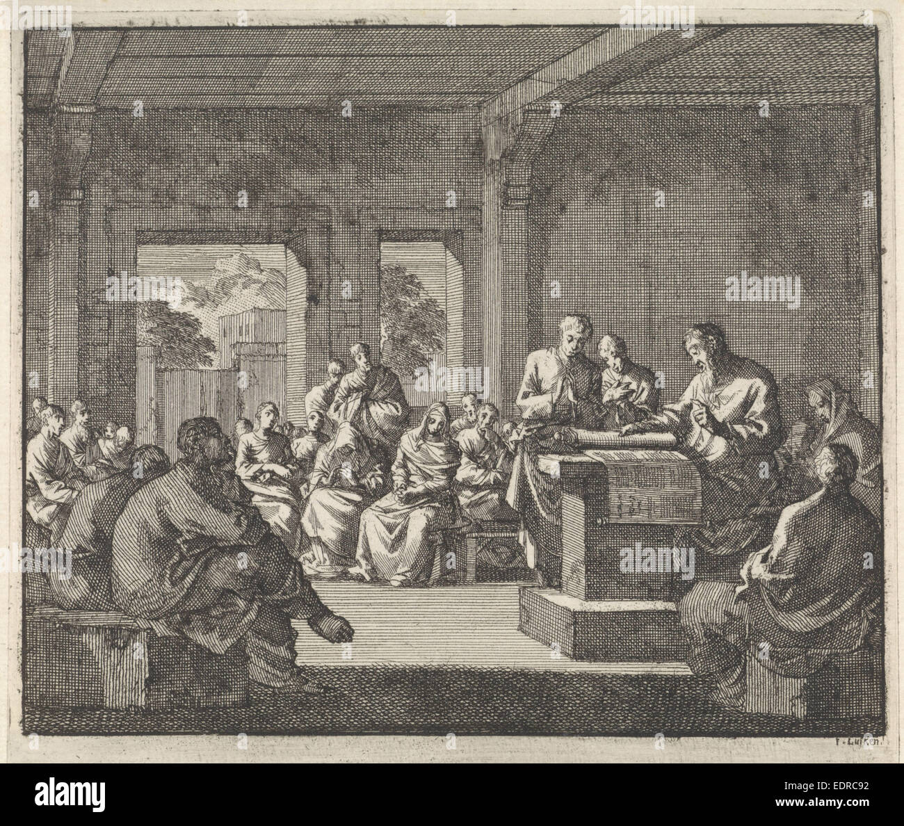 Frühe christliche Gemeinschaft hören zu einer Lesung aus der Bibel, Jan Luyken, 1700 Stockfoto