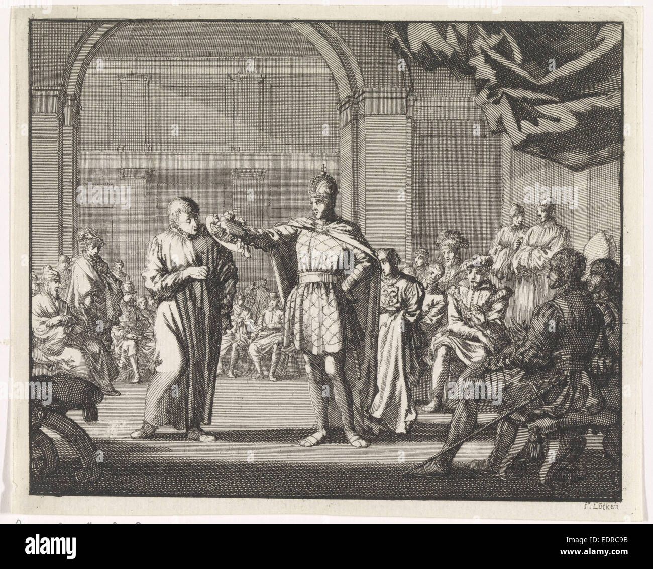 Der Kaiser nimmt einer Canon seinen reich verzierten Hut, Jan Luyken, 1701 Stockfoto