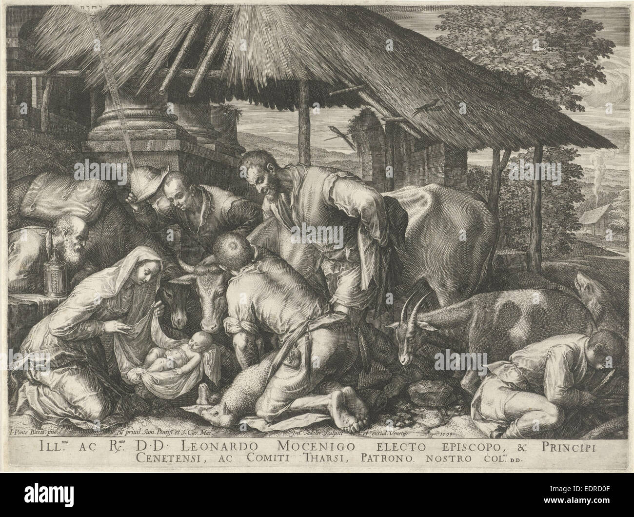 Anbetung der Hirten mit schlafenden Hirten junge, Johann Sadeler (I), 1599 Stockfoto
