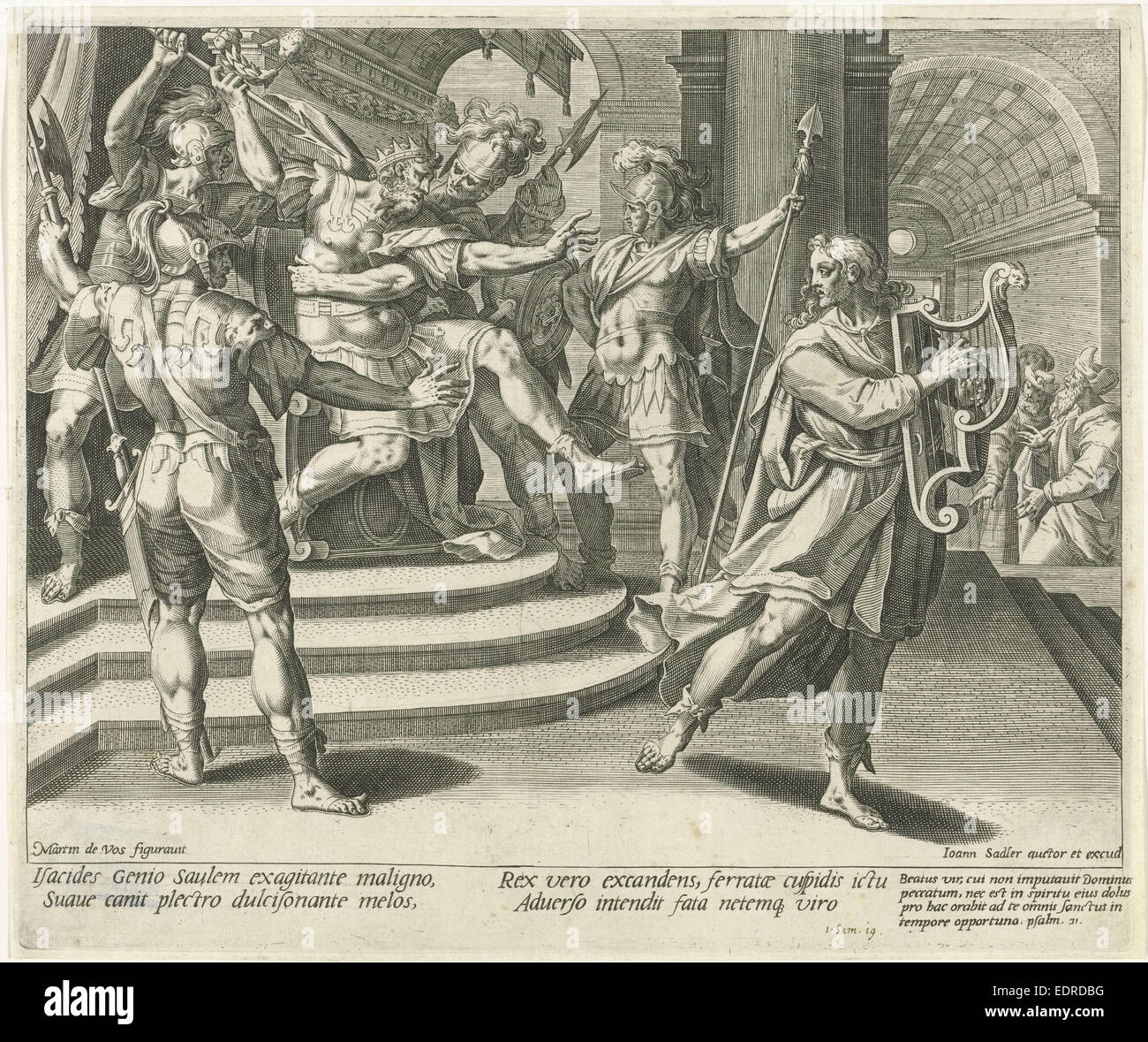 Saul richtet einen Speer an David, Aegidius Sadeler Johann Sadeler (I), Johann Sadeler (I) Stockfoto