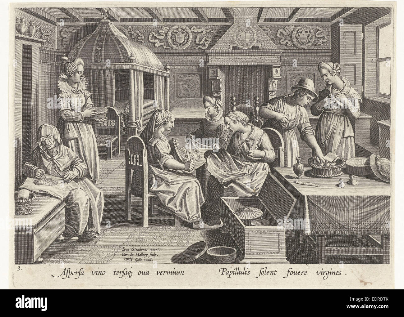 Inkubation der Eier der Seidenraupe, Karel van Mallery, Philips Galle, um 1595 Stockfoto