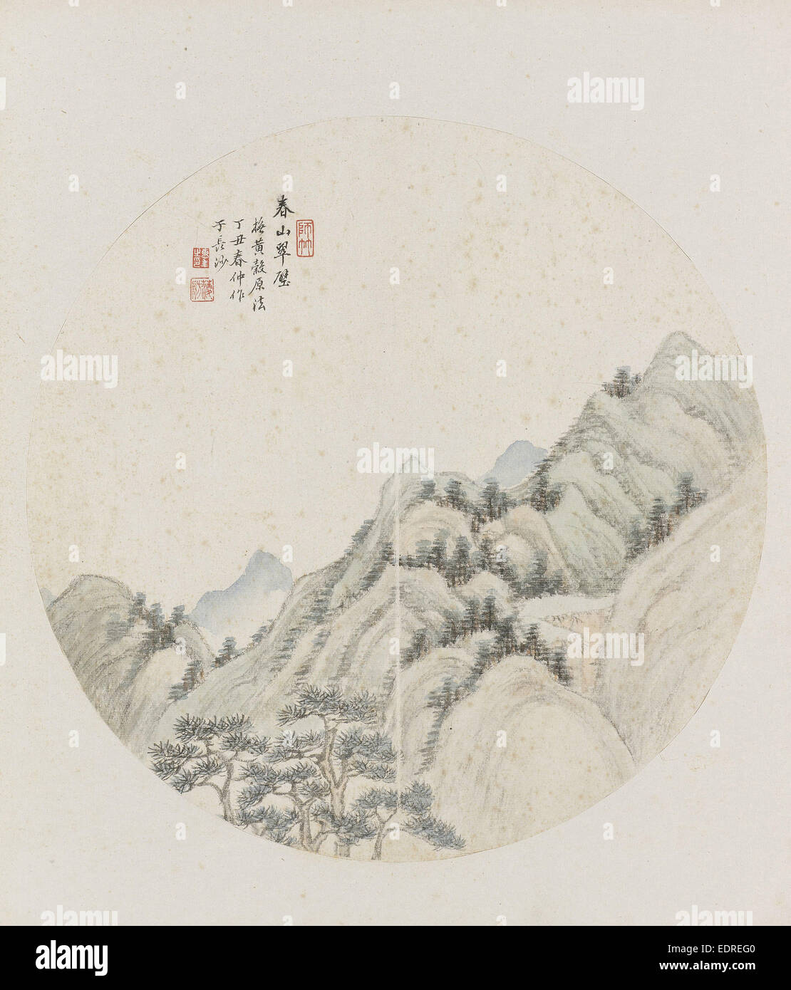 Albumseite, chinesische Malerei. Landschaft in China, Hui-Nian, 1850-1900 Stockfoto