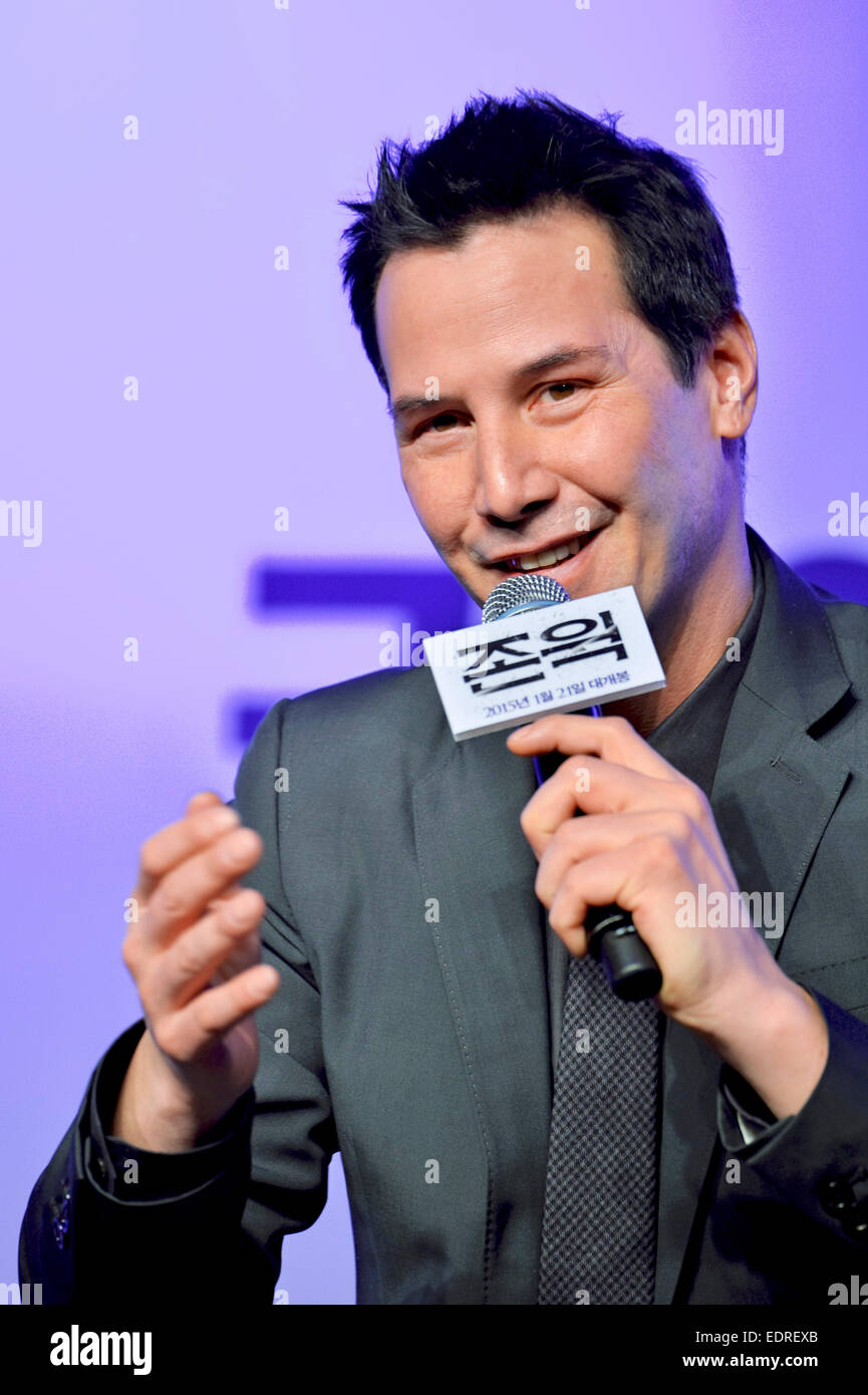 Seoul, Südkorea. 8. Januar 2015. Schauspieler Keanu Reeves besucht eine Pressekonferenz für "John Wick" im JW Marriott Hotel Seoul in Südkorea, am 8. Januar 2015. / Allianz Credit Bild: Dpa picture-Alliance/Alamy Live News Stockfoto