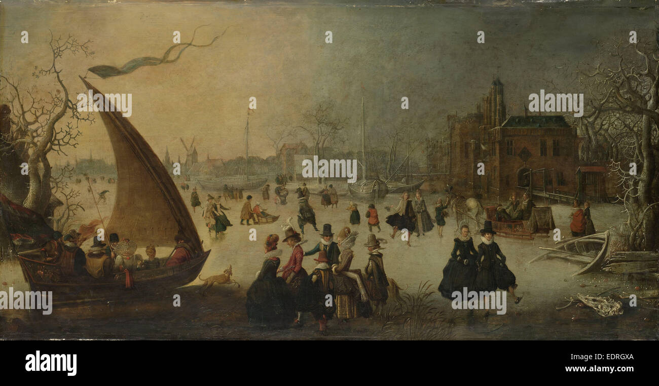 Landschaft mit einem gefrorenen Kanal, Skater und ein Eis-Boot (Winter Entertainment), Adam van Breen, 1611 Stockfoto