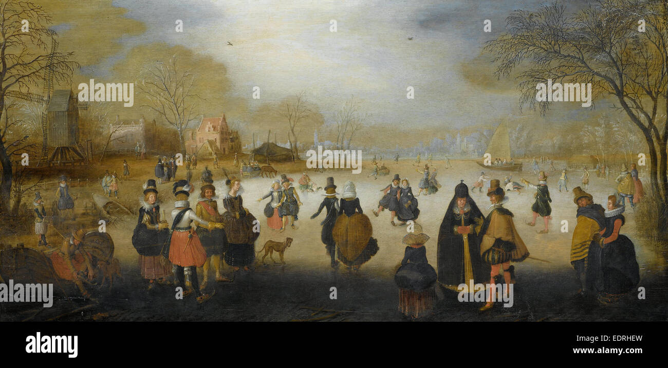 Winterlandschaft mit Skatern, Adam van Breen, c. 1615 - c. 1620 Stockfoto