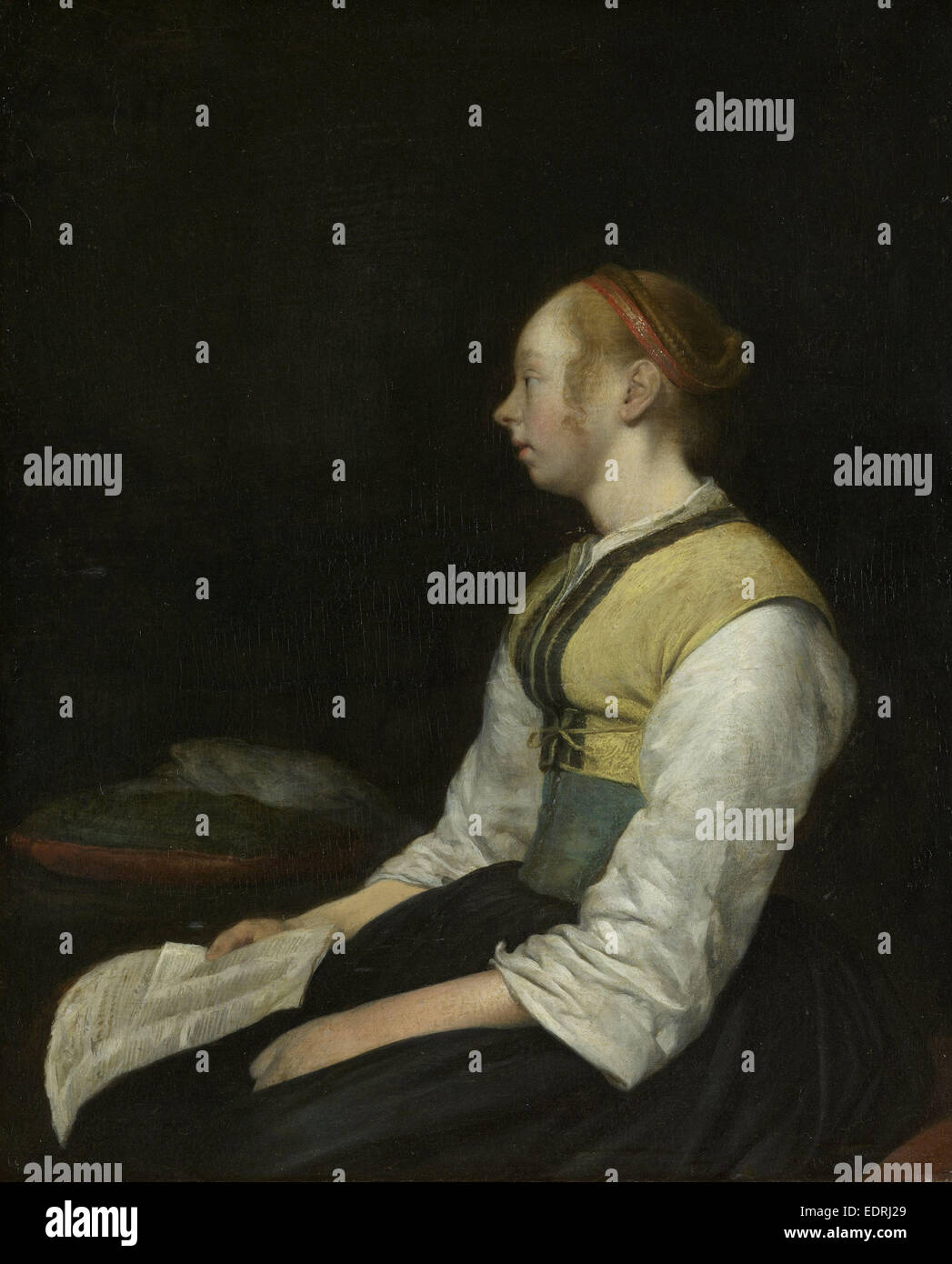 Sitzende Mädchen in bäuerlichen Tracht, Gerard Ter Borch (II), c. 1650 - c. 1660 Stockfoto