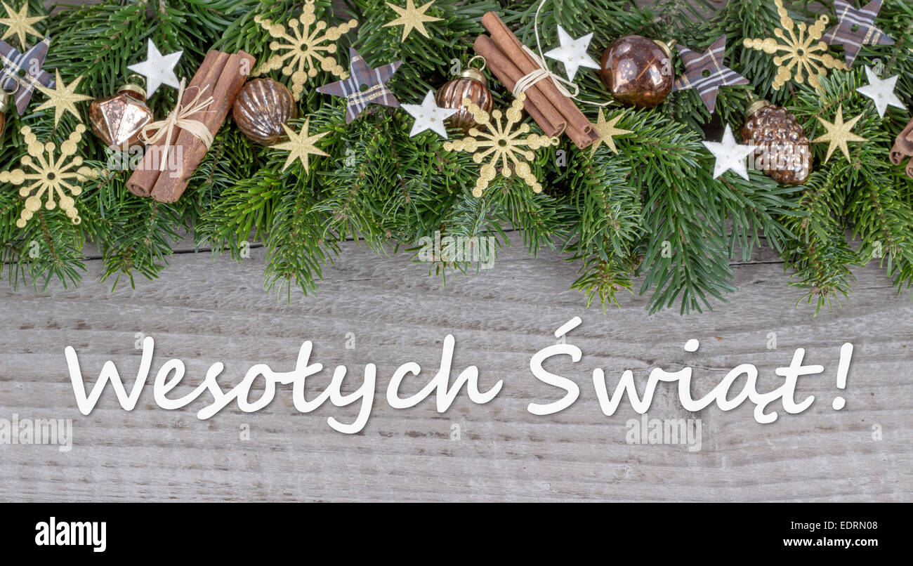 Weihnachtskarte mit Kugeln, Tanne Äste Sterne und Text Merry Christmas