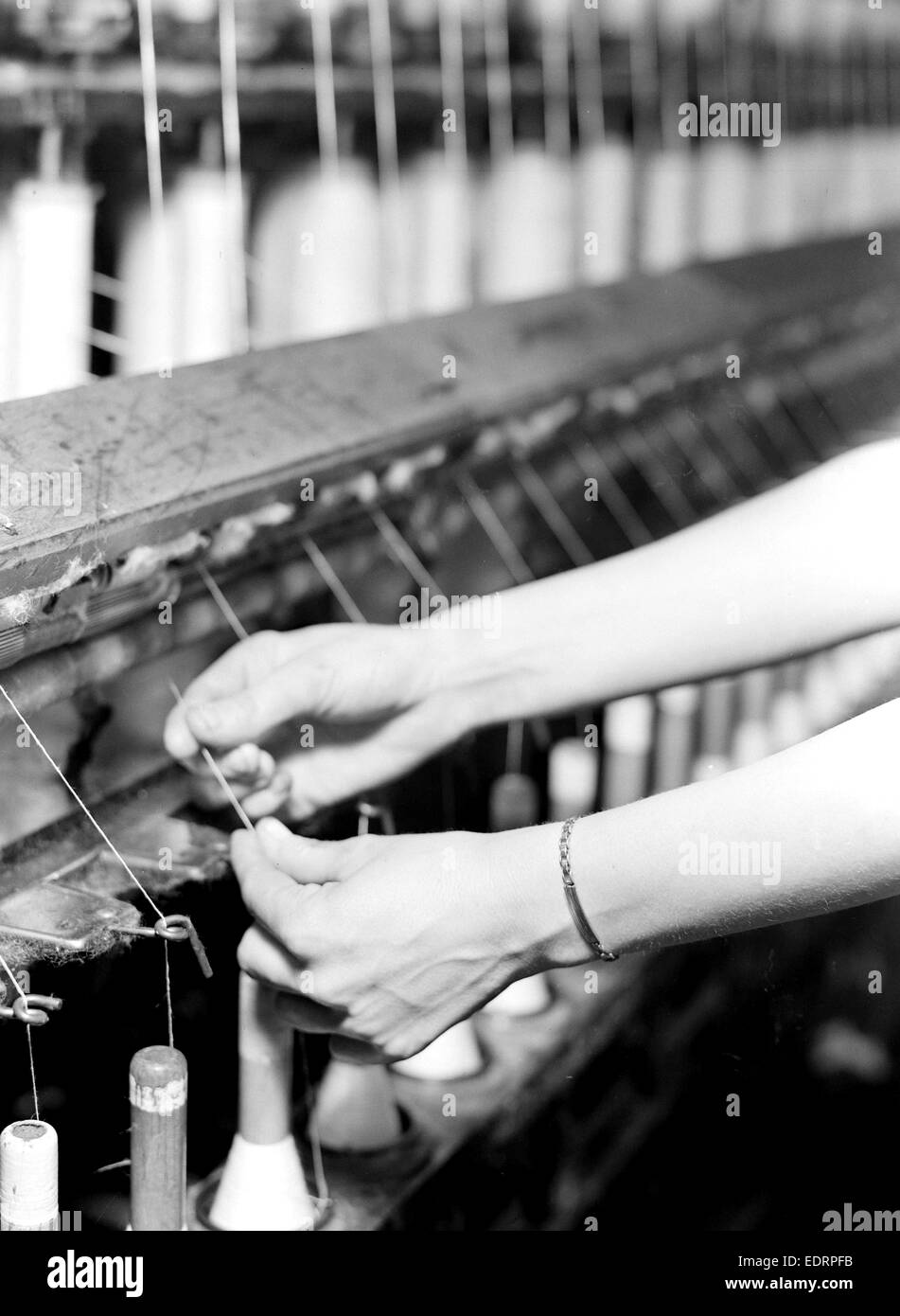 High Point, North Carolina - Textilien. Pickett Garn Mühle. Spinnen - Saco Lowell Maschine - Vorführung Händen Frau in Betrieb Stockfoto