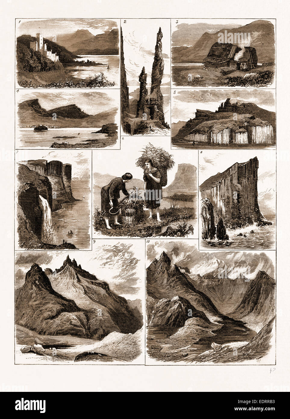 DIE LAND-AGITATION IN SKYE, 1883: 1. Dunvegan Castle, Isle Of Skye. 2. die Nadel Quiraing. 3. ein Skye Ferienhaus Stockfoto