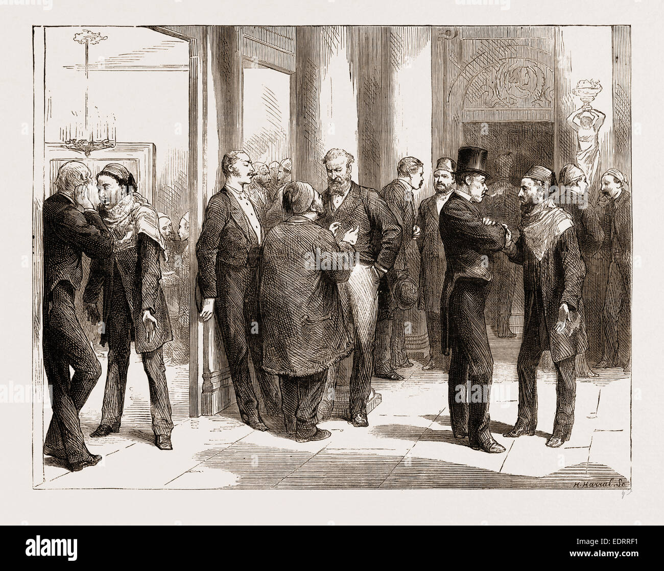 ZWISCHEN DEN AKTEN IM OPERNHAUS: KAUFLEUTE UND BANKIERS, DIE DISKUSSION ÜBER DEN KAUF, KAIRO, ÄGYPTEN, 1876 Stockfoto