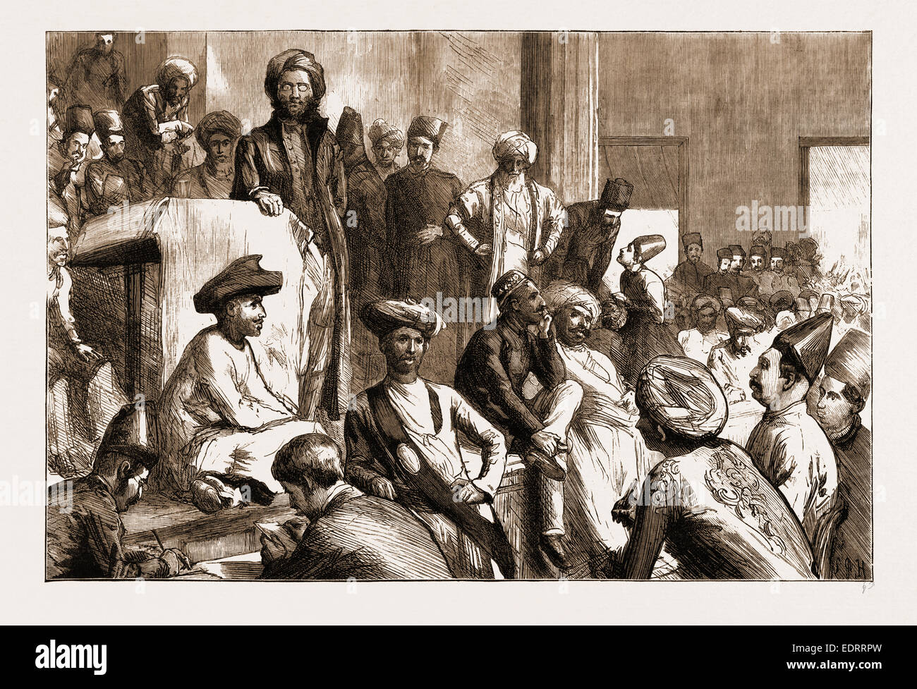 DIE NATIVE AGITATION IN INDIEN: EIN TREFFEN IM RATHAUS, BOMBAY, ZUR UNTERSTÜTZUNG VON HERRN ILBERT STRAFGERICHTSBARKEIT BILL, 1883 Stockfoto