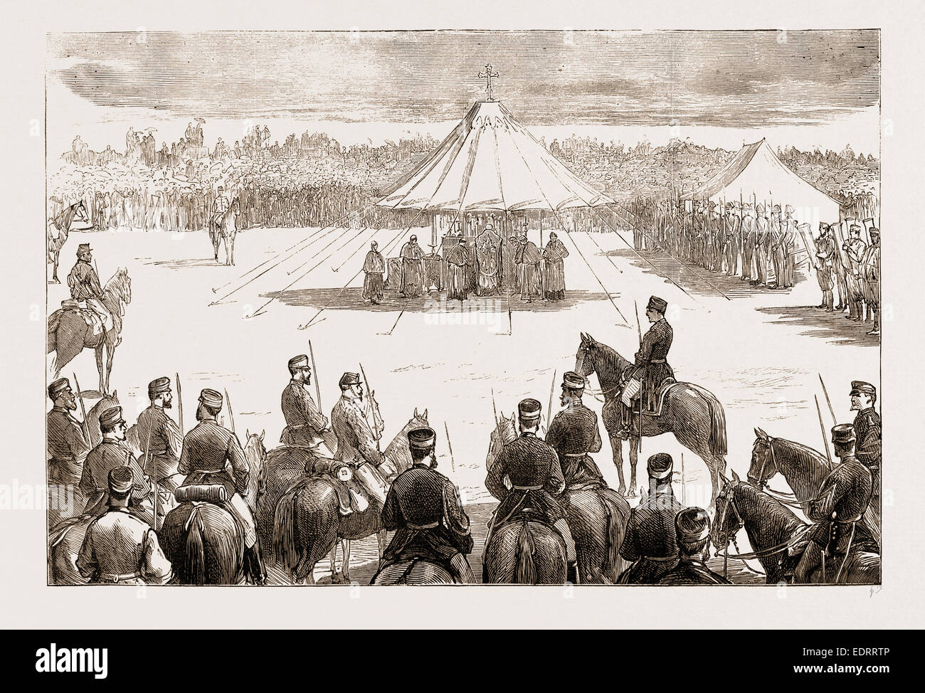 ENDE DER CARLIST KRIEG: KÖNIG ALFONS UND DIE TRUPPEN HÖREN MASSE IM LAGER DEHESA DE AMANIEL, SPANIEN, 1876 Stockfoto