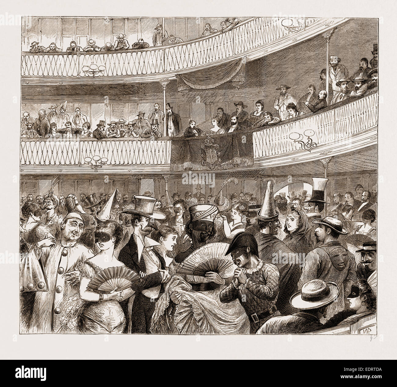 DER KARNEVAL IN BAL MASQUE TACON THEATER, HAVANNA, KUBA, 1876; MASKENBALL Stockfoto