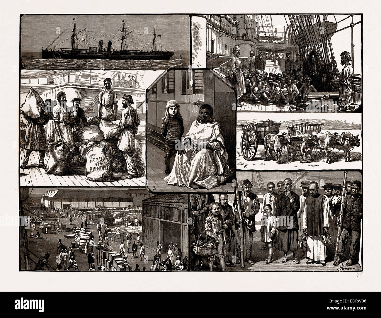 NACH BOMBAY UND CHINA AUF EINEM KOHLENDAMPFER & O. P., 1886: 1. Die "Massalia". 2. Sortierung der indischen Mails im Roten Meer Stockfoto