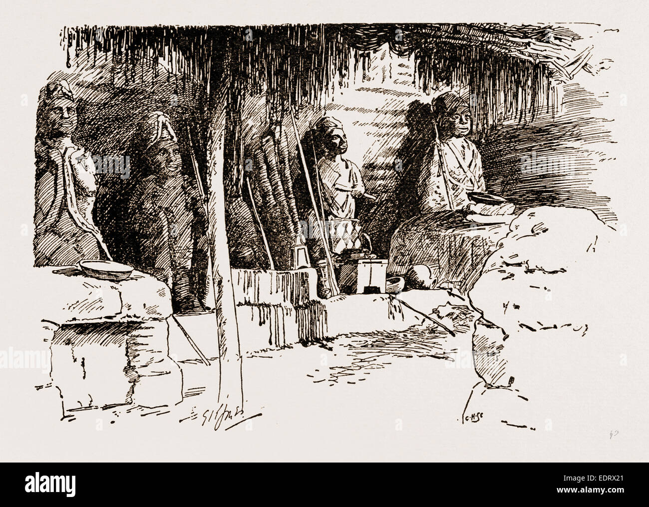 Der Ort, wo Cannibal Riten und Menschenopfer durchgeführt werden. DAS JU-JU-HAUS IN GWATO, IN DER NÄHE VON BENIN, 1897 Stockfoto