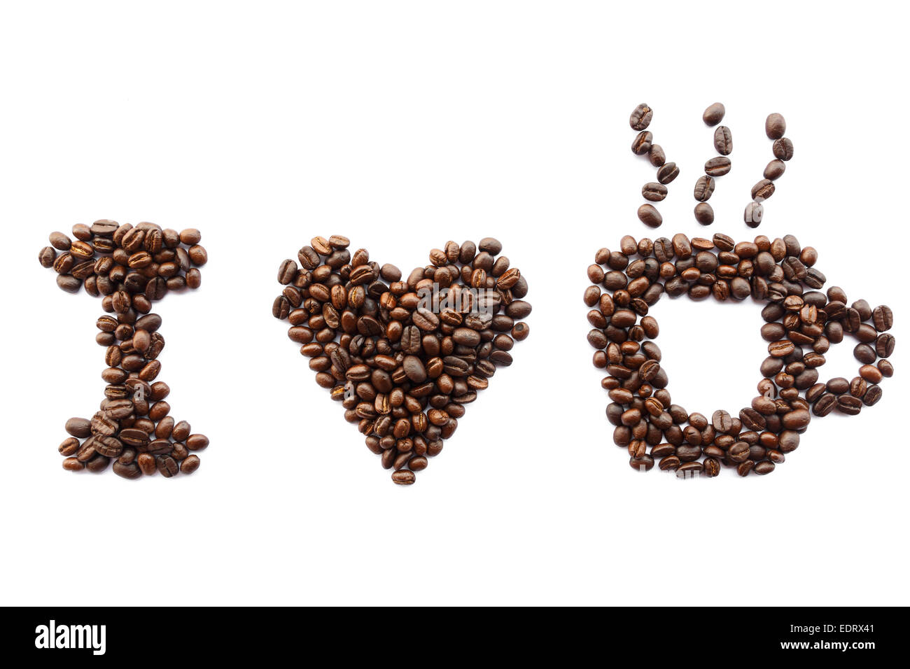 Ich liebe Kaffee (Kaffee-Bohnen in Form der Massage) auf weißem Hintergrund (isoliert) Stockfoto