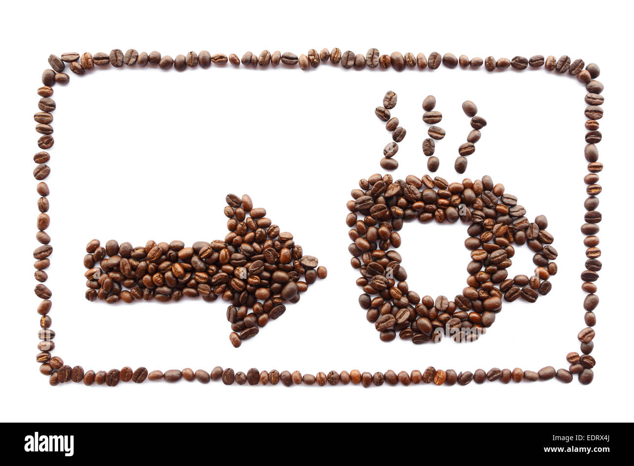 Pfeil und Tasse mit Rahmen (erstellt von Kaffeebohnen) Stockfoto
