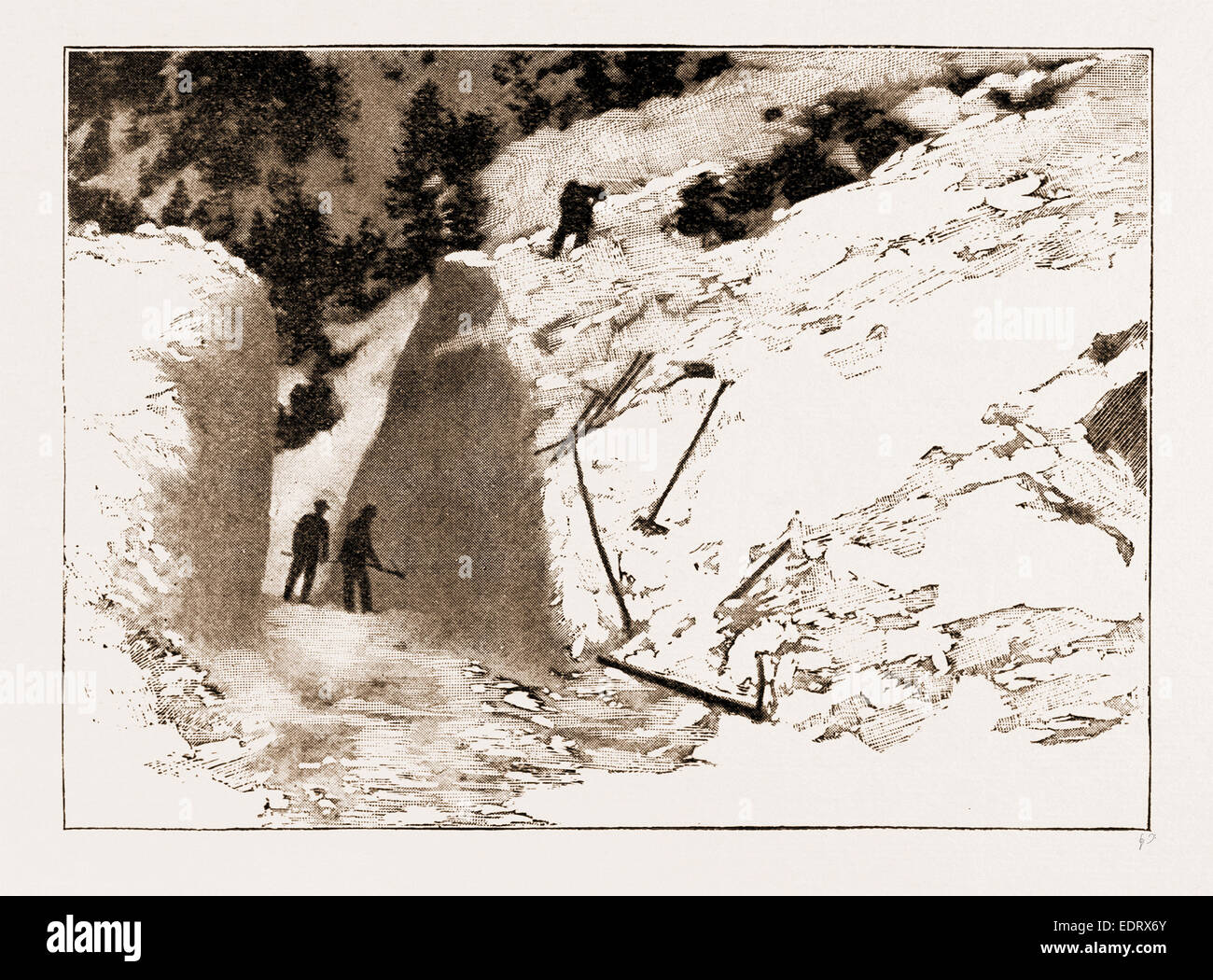 DIE TÖDLICHE LAWINE IN DER NÄHE VON DAVOS, 1897: DIE POSTSTRAßE DURCHSCHNEIDEN DIE LAWINE IM ZUGE PASS Stockfoto