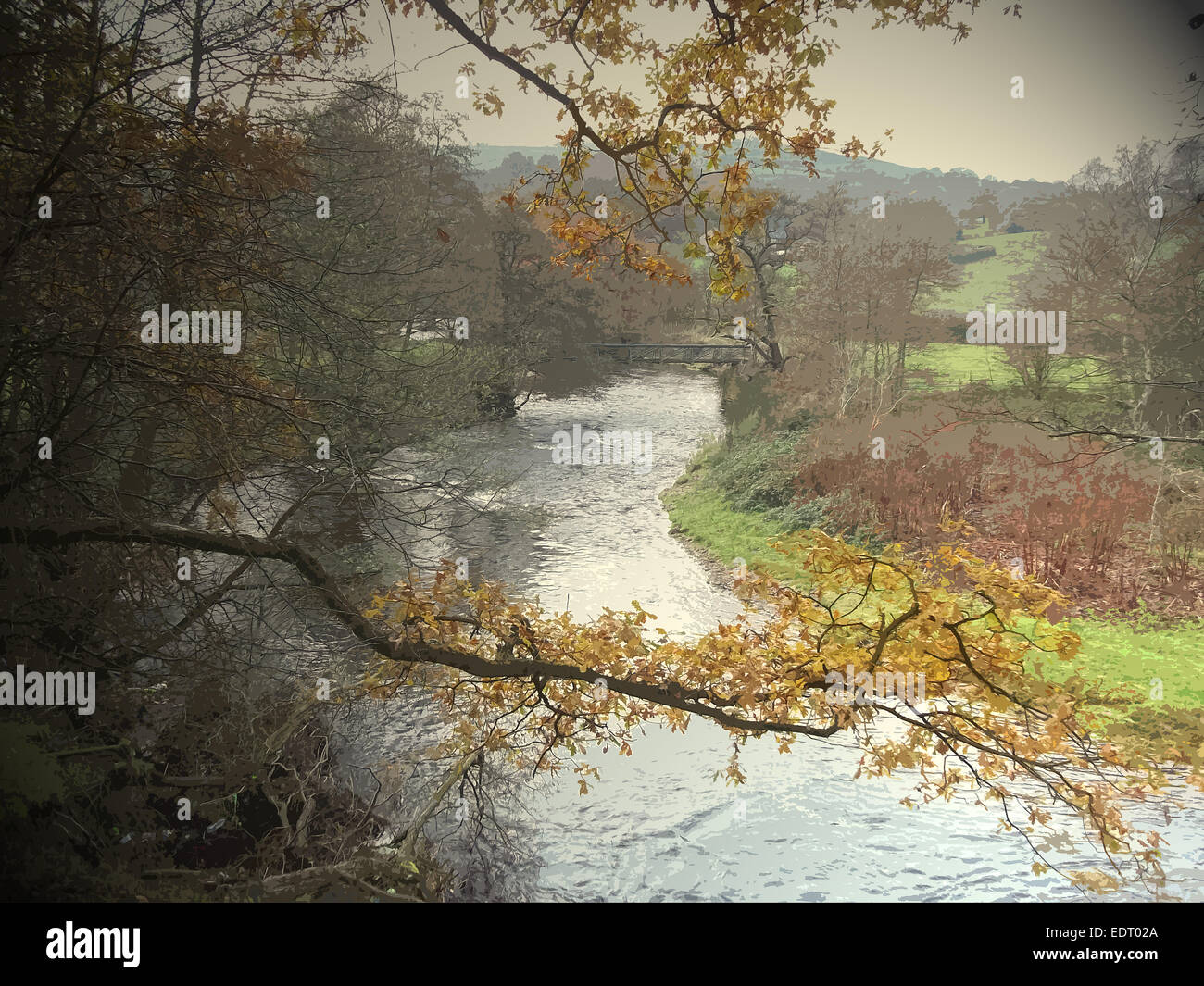 Der Fluß Etherow, bildet dieser Fluss eine kurvenreiche county Grenze zwischen Derbyshire und größere Manchester, UK, Kunst, Kunst, Großbritannien Stockfoto
