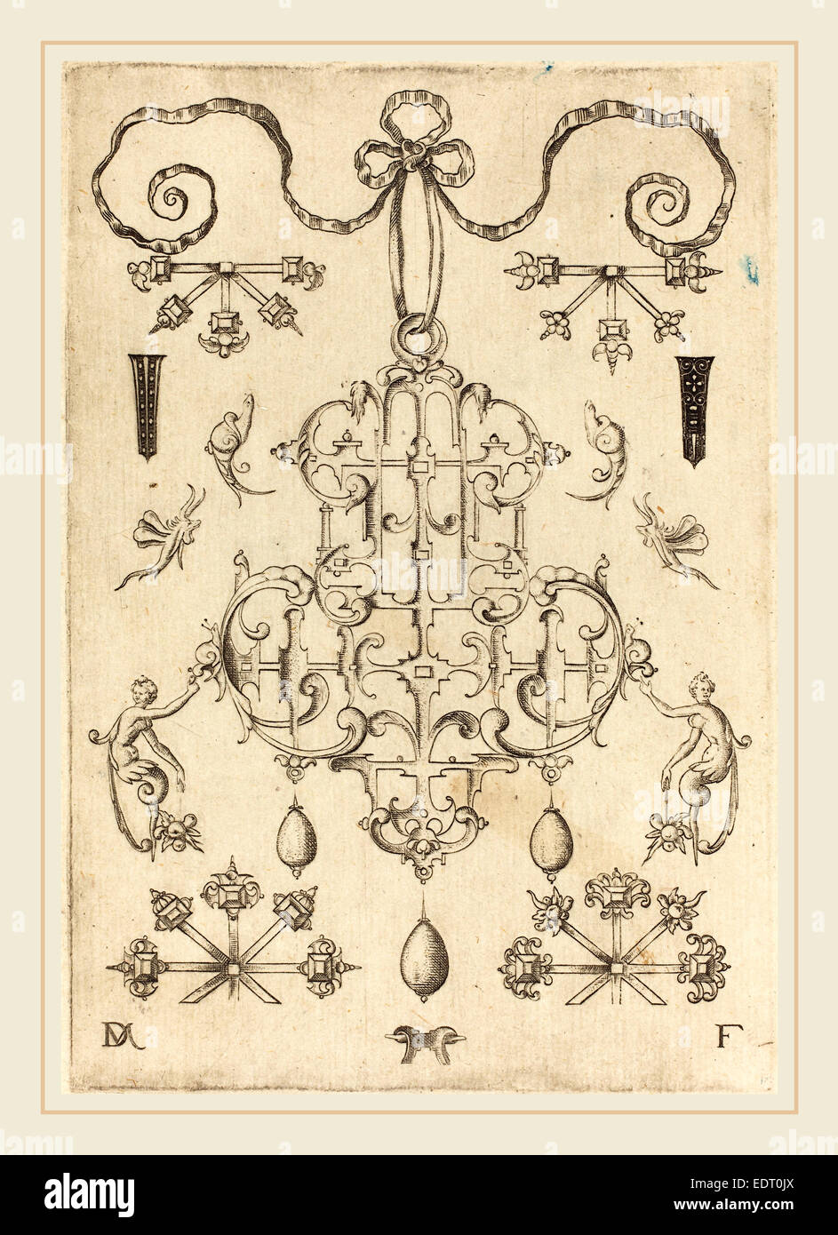 Daniel Mignot (Deutsch, aktive 1593-1596), große Anhänger mit drei Tropfen unten, Gravur 1593, Stockfoto